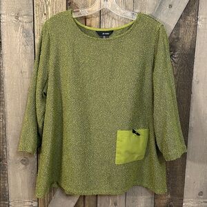 Ali Miles | Textured Green Woven 3/4 Sleeve Top Toggle Pocket | Petite XL